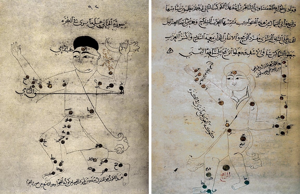 Abdurrahman es-Sûfî’nin Kitâbü Ṣuveri’l-kevâkibi’s̱-s̱âbite adlı eserinden burçlarla ilgili iki çizim (Süleymaniye Ktp., Fâtih, nr. 3422, vr. 92a, 76a)