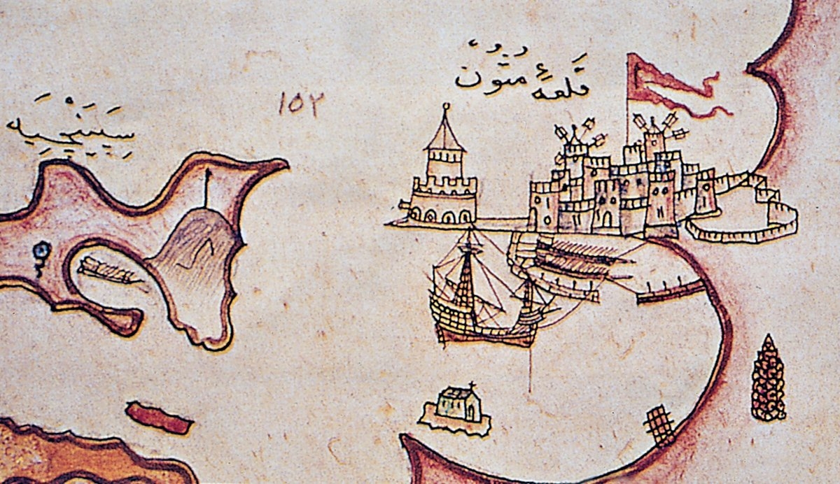 Pîrî Reis’in Kitâb-ı Bahriyye adlı eserinde Modon Kalesi ve Sapienza adasını (Burak Reis adası) gösteren harita