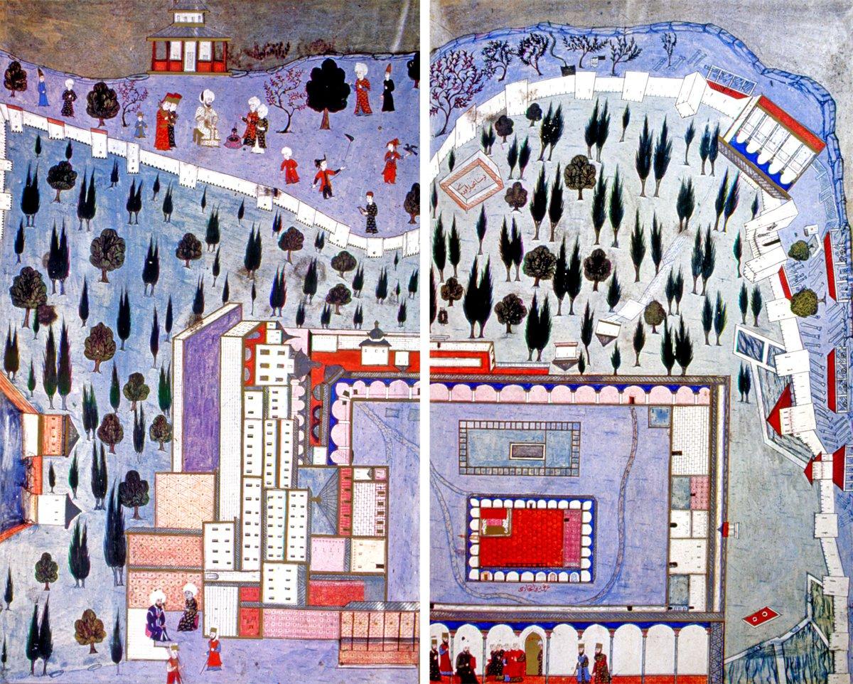 Hünernâme’nin I. cildinde Topkapı Sarayı’nın ikinci avlusunun tasvir edildiği sayfalar (TSMK, Hazine, nr. 1523, vr. 18b-19a)