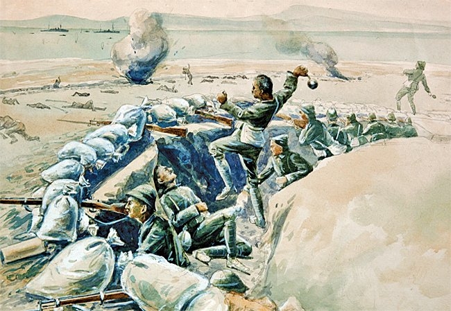 Çanakkale’de siper savaşlarını tasvir edenHasan Hayreddin’in sulu boya tablosu(İstanbul Deniz Müzesi, nr. 1925)