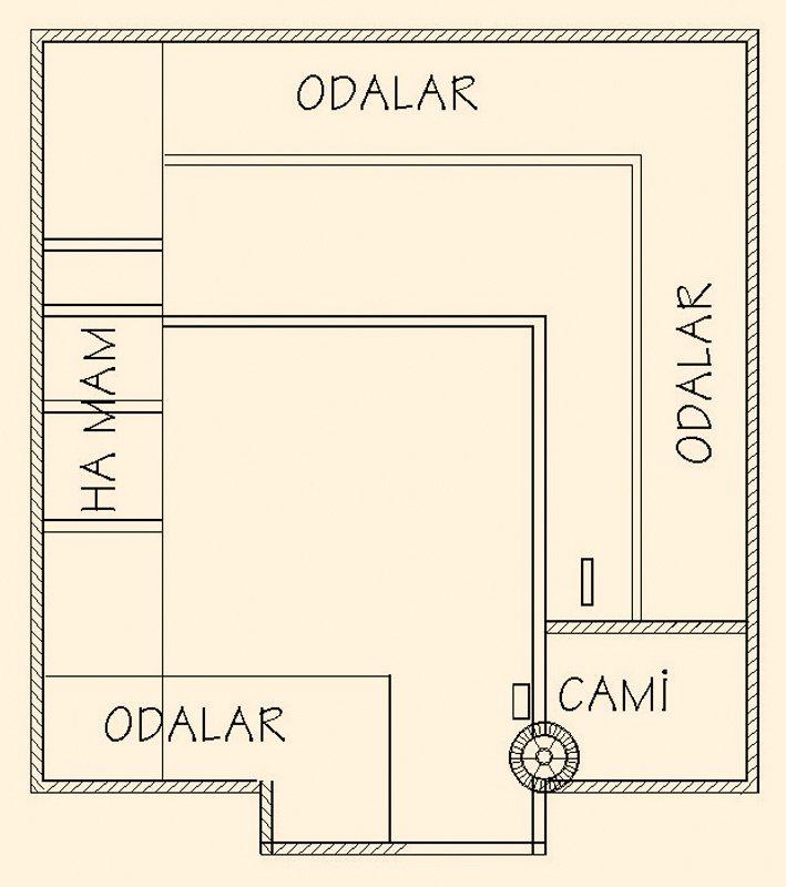 Süheyl Ünver’in 1936’da yıkık duvarlardan çıkardığı Miskinler Tekkesi’nin plan/krokisi (Ahmet Süheyl Ünver, Tıb Tarihi, İstanbul 1943, s. 257)