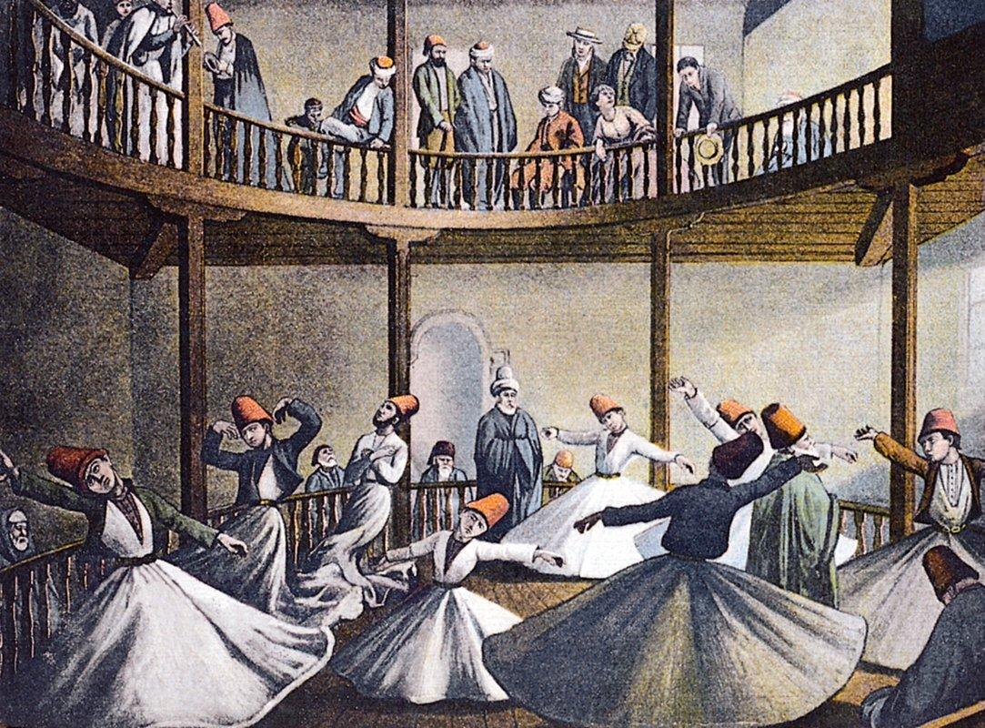 Semâ eden Mevlevî dervişlerinin tasvir edildiği bir kartpostal (İstanbul Belediyesi Atatürk Kitaplığı Kartpostal Koleksiyonu)