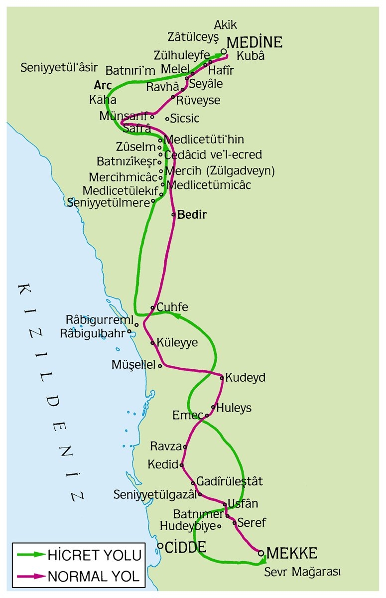 Hicret güzergâhını gösteren harita
