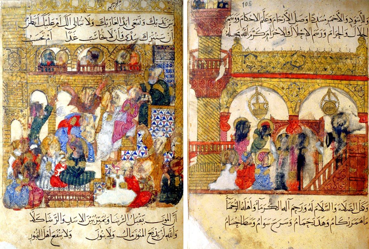 Harîrî’nin el-Maḳāmât’ından minyatürlü iki sayfa (Süleymaniye Ktp., Esad Efendi, nr. 2916, vr. 71a, 105a)