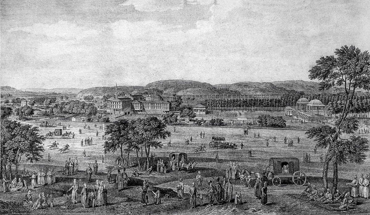 Lâle Devri’nde Sâdâbâd Sarayı ve Kâğıthane mesiresini gösteren gravür (D’Ohsson, Tableau général de l’Empire Othoman, II, lv. 84)