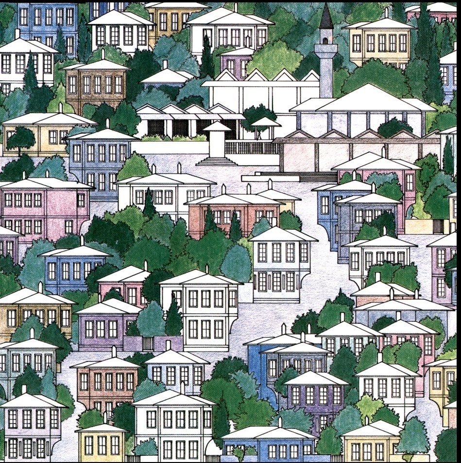 Turgut Cansever’in tasarladığı (1980-81) Ankara Batıkent Yeni Şehir ve Konut Yerleşmesi Teklif Projesi’nin Mehmet Öğün tarafından çizilen silüeti (Emine – Mehmet Öğün fotoğraf arşivi)