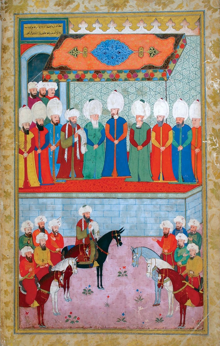 Mısır divanı huzurunda padişahın fermanının okunma merasimini gösteren bir minyatür(Kelâmî, Vekāyi-i Ali Paşa, Süleymaniye Ktp.,Hâlet Efendi, nr. 612, vr. 6b)