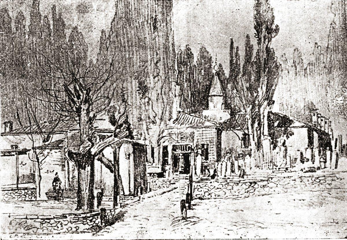 Miskinler Tekkesi’nin 1914 yılındaki durumunu gösteren Ali Rıza Bey tarafından çizilmiş karakalem resim (Ahmet Süheyl Ünver, Tıb Tarihi, İstanbul 1943, s. 257)