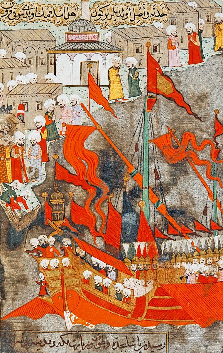 1558’de Yemen seferine çıkan Sinan Paşa’nın kadırga ile Cidde Limanı’na girişini gösterenbir minyatür (Târîh-i Feth-i Yemen, İÜ Ktp., TY,nr. 6045, vr. 558b)