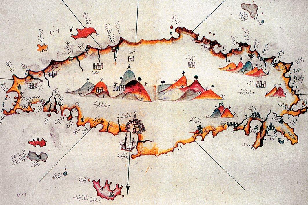Pîrî Reis’in Kitâb-ı Bahriyye adlı eserinde Girit’i gösteren harita (Süleymaniye Ktp., Ayasofya, nr. 3161, vr. 408b-409a)