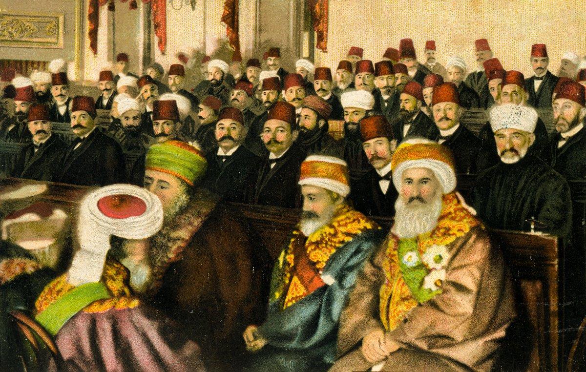 Osmanlı Meclisi’nde bir grup mebusu gösteren kartpostal (K. Yusuf Ünal koleksiyonu)