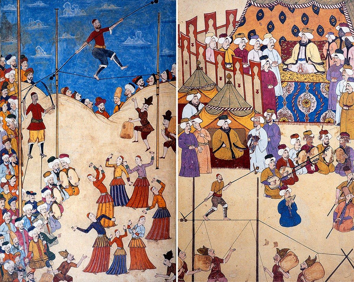 1720 şenliğinde cambaz, çengi ve sâzendeleri tasvir eden minyatürler (Surnâme-i Vehbî, TSMK, III. Ahmed, nr. 3594, vr. 54a, 115b)