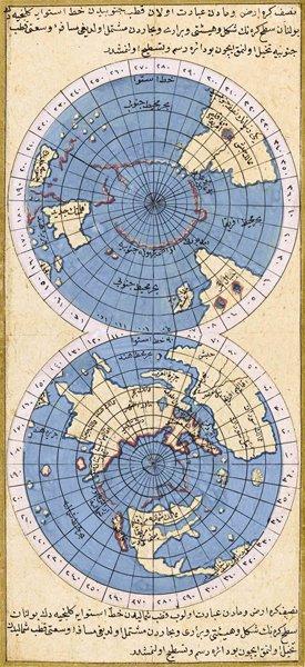 İbrâhim Hakkı Erzurûmî’nin Mârifetnâme’sinde güney yarım küresi (üstte) ve kuzey yarım küresini (altta) gösteren dünya haritaları(TSMK, Emanet Hazinesi, nr. 1260, vr. 105a)