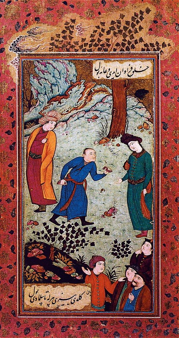 Rızâ-yi Abbâsî imzalı bir minyatür (Nevâî’den Müntehab, TSMK, Emanet Hazinesi, nr. 1641, vr. 8b)