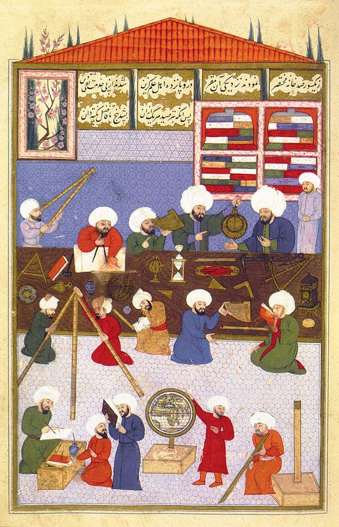 Müneccimbaşı Takıyyüddin’i İstanbul’da kurduğu rasathânesinde diğer ilim adamlarıyla çalışırken gösteren bir minyatür (Şehinşâhnâme-i Murâd-ı Sâlis, İÜ Ktp., nr. 1404, vr. 57a)