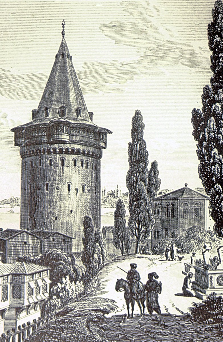 XIX. yüzyılın ilk yarısında Galata Kulesi’ni gösteren bir gravür (A. L. Castellan, Lettres sur la Morée, l’Hellespont et Constantinople, Paris 1820, II, lv. 32)