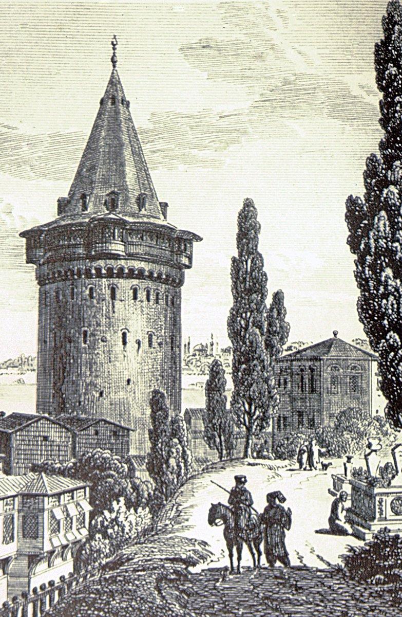 XIX. yüzyılın ilk yarısında Galata Kulesi’ni gösteren bir gravür (A. L. Castellan, Lettres sur la Morée, l’Hellespont et Constantinople, Paris 1820, II, lv. 32)
