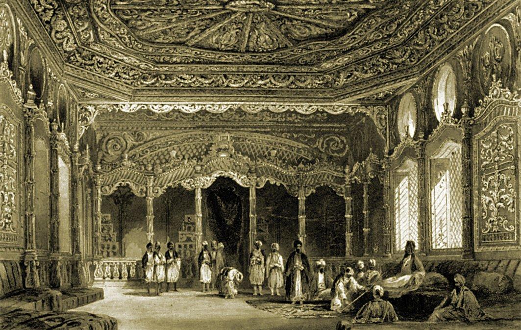 Eyüp’te Esmâ Sultan Sahilsarayı’nın içini gösteren Allom’un bir gravürü (R. Walsh, Constantinople and the Scenery of The Seven Churches of Asia Minor, II, London 1838)