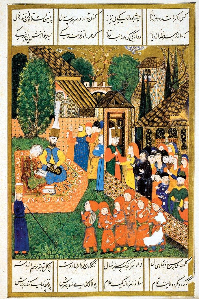 Devşirmelerin kayıtlarının yapılmasını ve yol paralarının verilmesini tasvir eden minyatür (Süleymannâme, TSMK, Hazine, nr. 1517, vr. 31b)