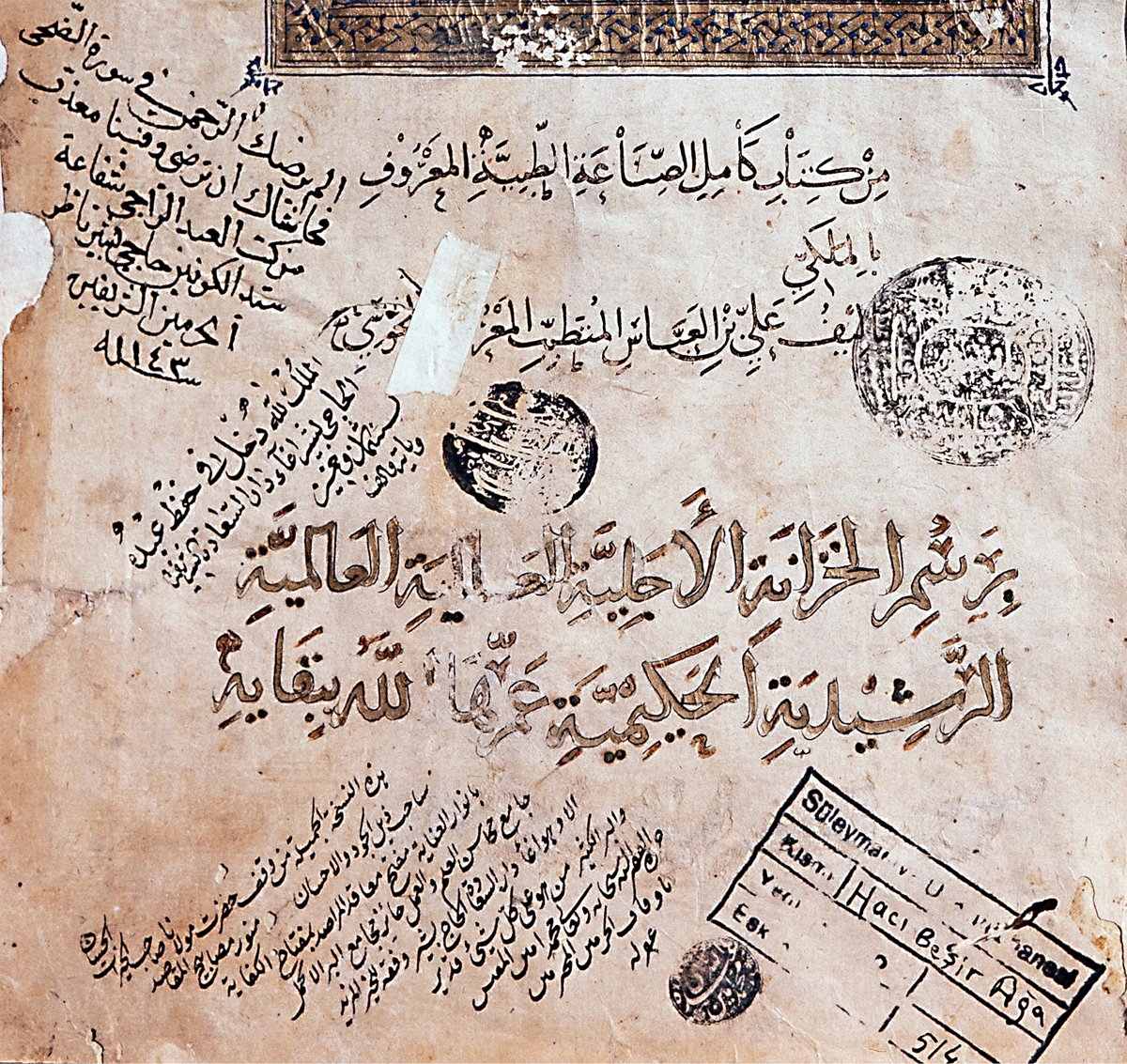 Ali b. Abbas el-Mecûsî’nin Kâmilü’ṣ-ṣınâʿati’ṭ-ṭıbbiyye adlı eserinin zahriyesi (Süleymaniye Ktp., Hacı Beşir Ağa, nr. 514)