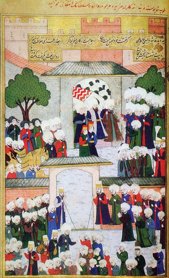 Nurbânû Sultan’ın cenazesinin saraydan çıkarılmasını tasvir eden bir minyatür (Lokmân b. Hüseyin, Şehinşâhnâme, TSMK, Bağdat Köşkü, nr. 200, II, vr. 146a)