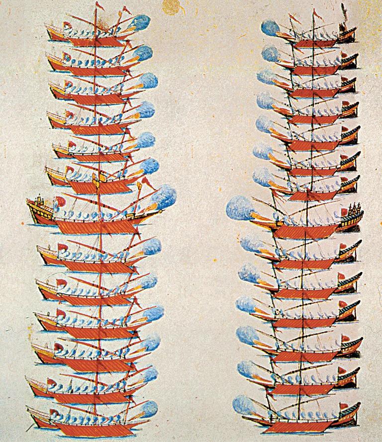 İnebahtı Limanı’nda Osmanlı donanmasını gösteren minyatür (Kâtib Çelebi, Tuhfetü’l-kibâr fî esfâri’l-bihâr, TSMK, Revan Köşkü, nr. 1192, vr. 16b)
