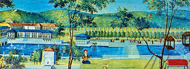 III. Ahmed devri Sâdâbâd Sarayı ve bahçesini gösteren bir minyatür (Hûbannâme-Zenânnâme, İÜ Ktp., TY, nr. 5502, vr. 78a)