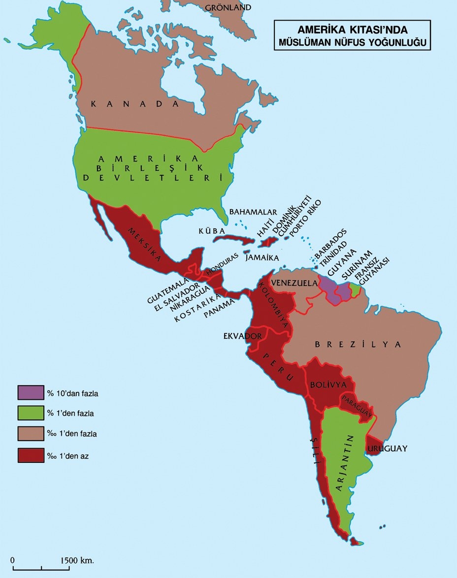 Amerika Kıtası’nda müslüman nüfus yoğunluğunu gösteren harita