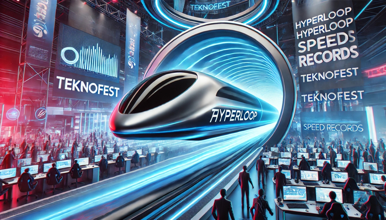 DALL·E 2025-02-07 23.29.58 - A futuristic Hyperloop concept designed for TEKNOFEST. The image features a sleek, aerodynamic Hyperloop pod levitating inside a transparent, low-pres.webp