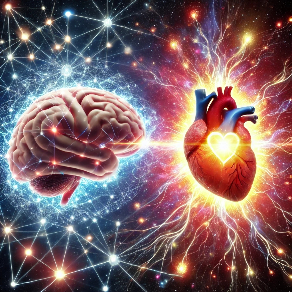 DALL·E 2025-02-08 18.21.11 - A powerful image of the human brain and heart connected with glowing energy. The brain is surrounded by a complex network of neurons, while the heart .webp