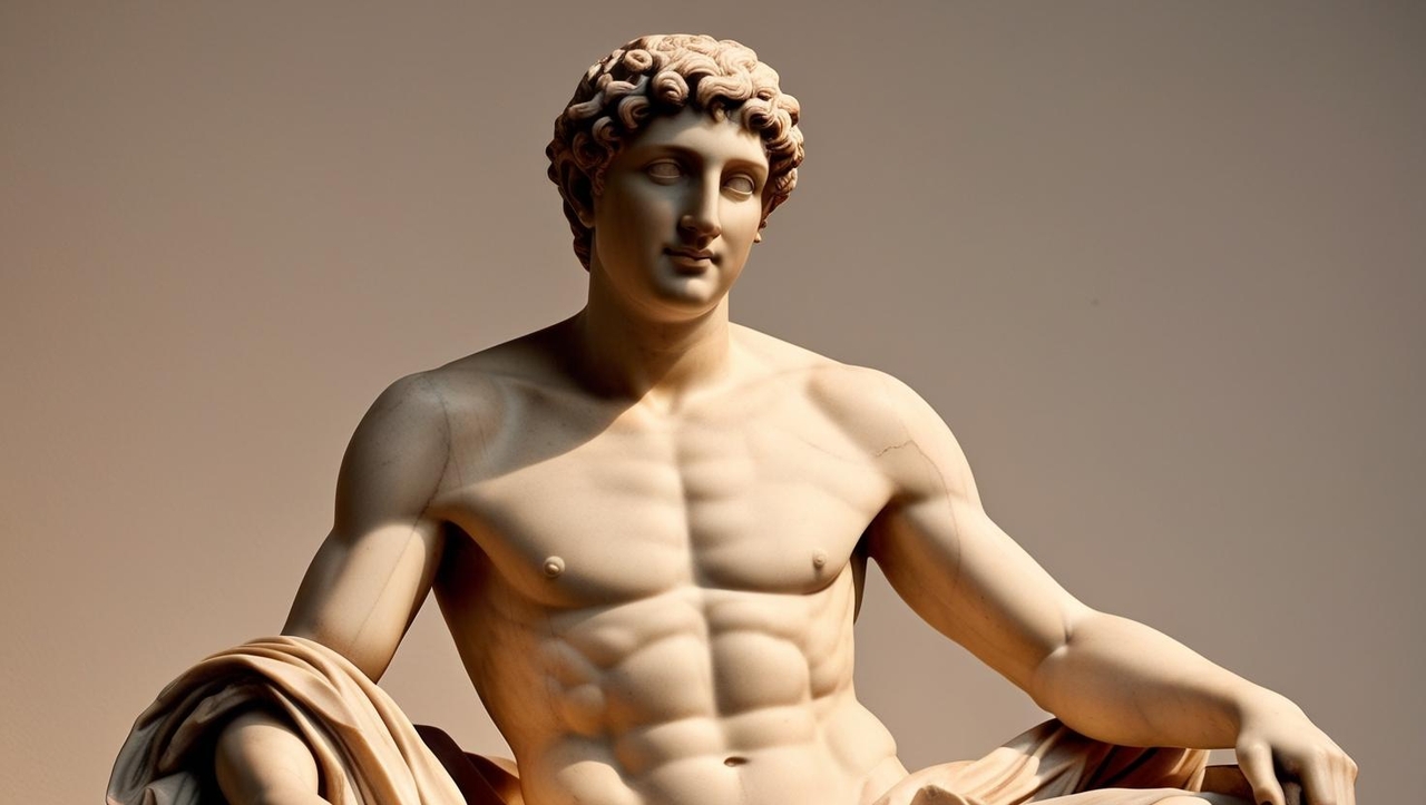 Yunan tanrısı genç ve yuvarlak yüzlü kıvırcık saçlı Adonis'in bir heykeli.jpg