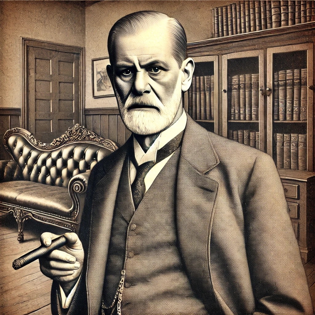 DALL·E 2025-03-19 14.45.31 - A historically detailed and vintage-style portrait of Sigmund Freud, the father of psychoanalysis. He is depicted in an early 20th-century study, wear.webp