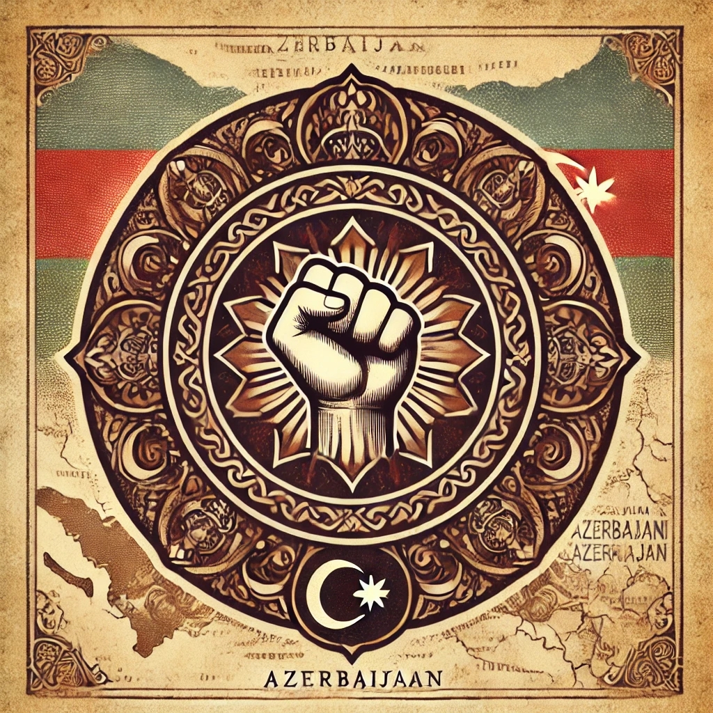 DALL·E 2025-03-19 12.58.26 - A historical and vintage-style illustration representing the Azerbaijani National Resistance Organization. The image features an aged, sepia-toned col.webp