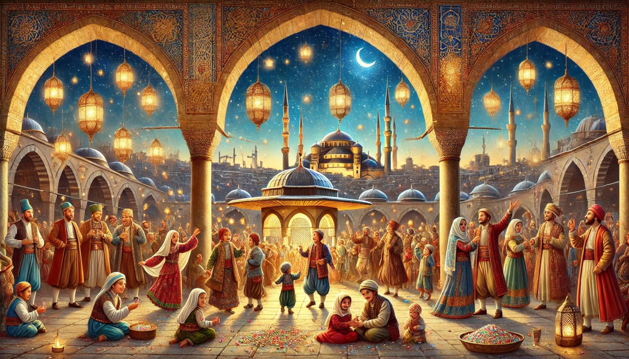 DALL·E 2025-03-28 02.25.26 - A historical painting of Ramazan Bayram celebration at night, with joyful people in traditional Ottoman attire, gathered in a lively courtyard of an o.webp