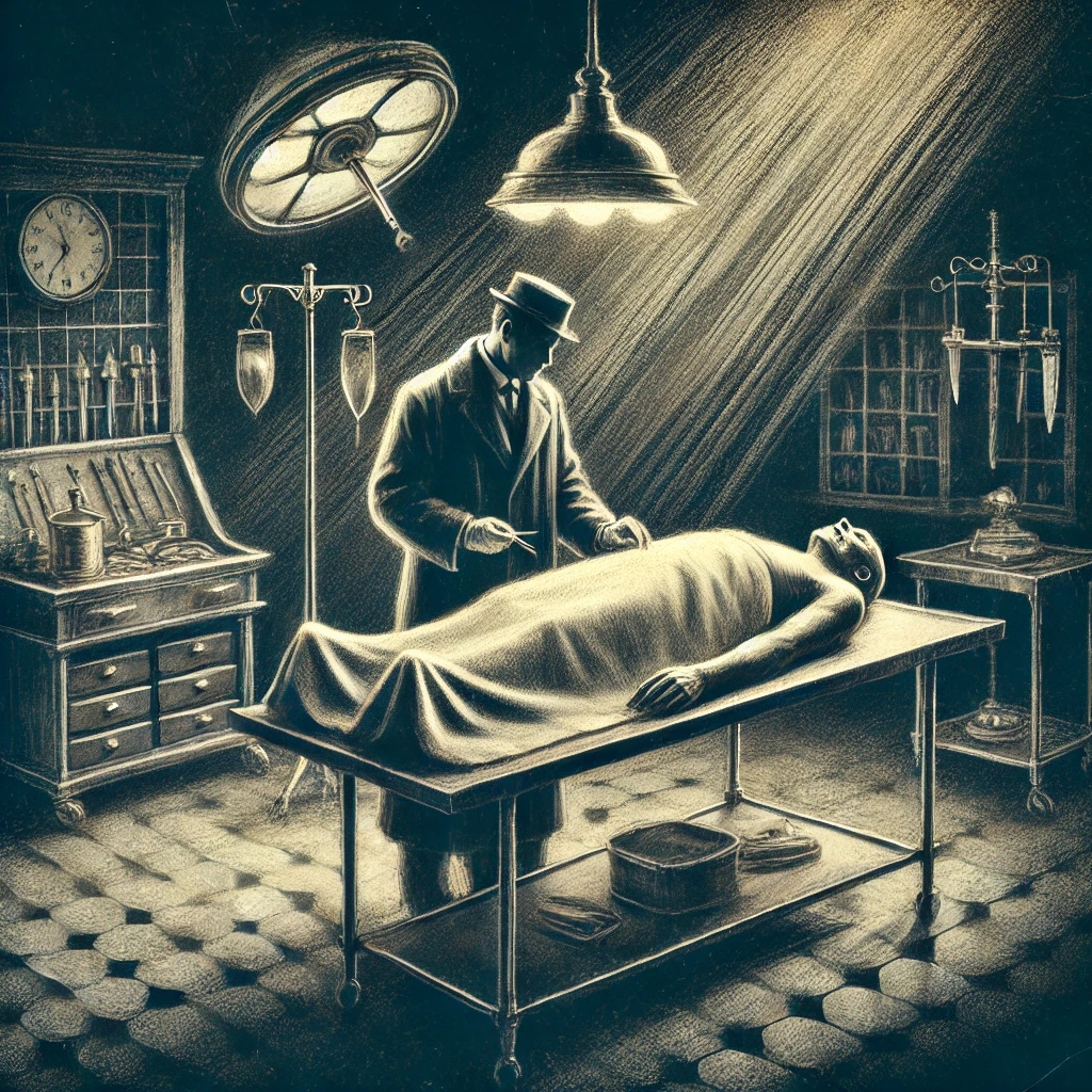 DALL·E 2025-04-20 15.26.42 - A dramatic, artistic drawing of an autopsy scene, featuring a dimly lit morgue with moody shadows and vintage medical instruments. The body lies on a .webp