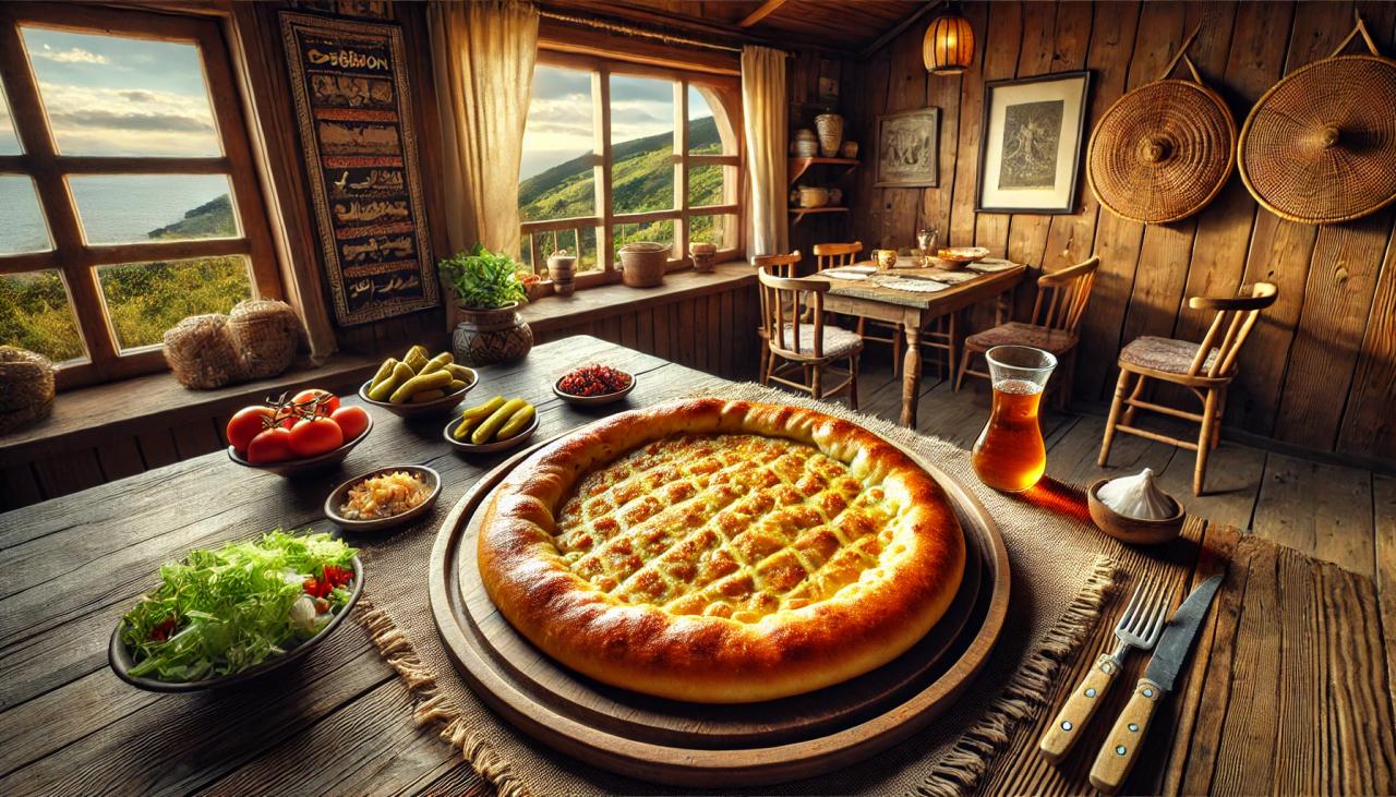 DALL·E 2025-05-20 13.31.42 - A wide-angle, high-resolution image of a traditional round Sürmene pide from Trabzon, served in a rustic Black Sea setting. The pide is circular, gold.webp