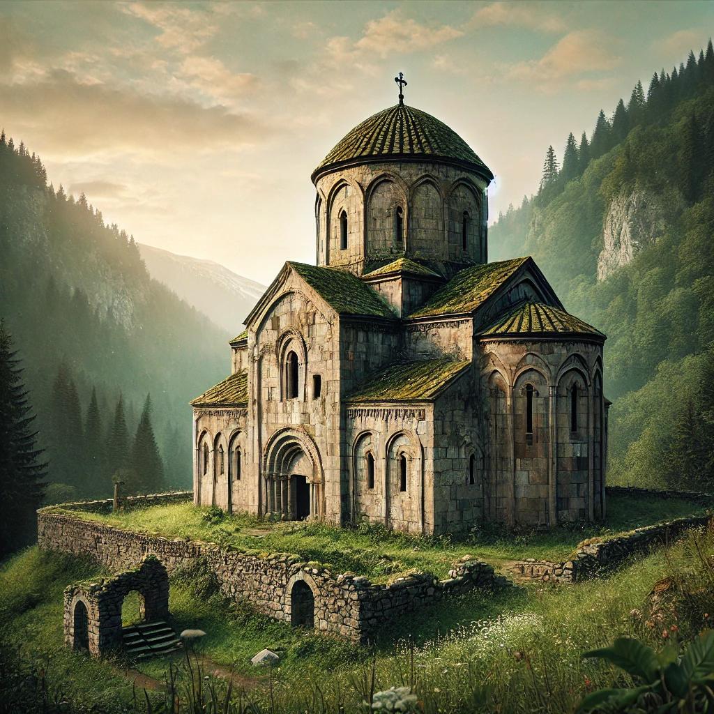 DALL·E 2025-08-01 16.56.18 - A realistic depiction of the Giresun Kırkharman (Akpınar) Church, a historical stone church located in the Black Sea region of Turkey. The church is s.webp