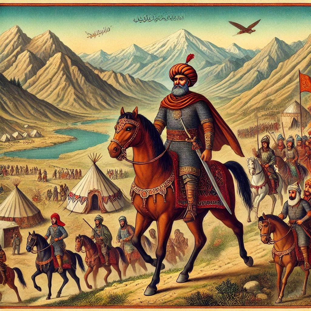 DALL·E 2025-10-08 12.05.33 - A historical illustration based on Çağrı Bey's early 11th-century Anatolian expedition. Show Çağrı Bey as a central figure on horseback, wearing Selju.webp