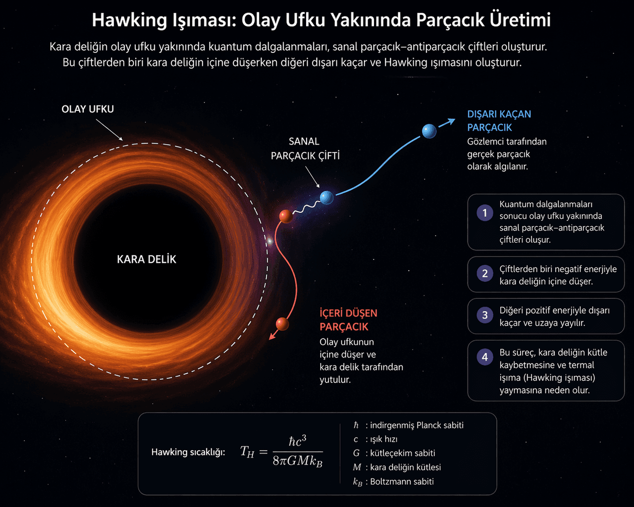 Kara delik olay ufku yakınında oluşan kuantum dalgalanmaları sonucu parçacık–antiparçacık çiftlerinin ayrışması ve Hawking ışınımının meydana gelmesi.