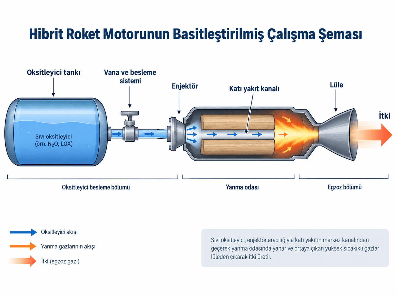 Hibrit roket motorunun basitleştirilmiş çalışma şeması